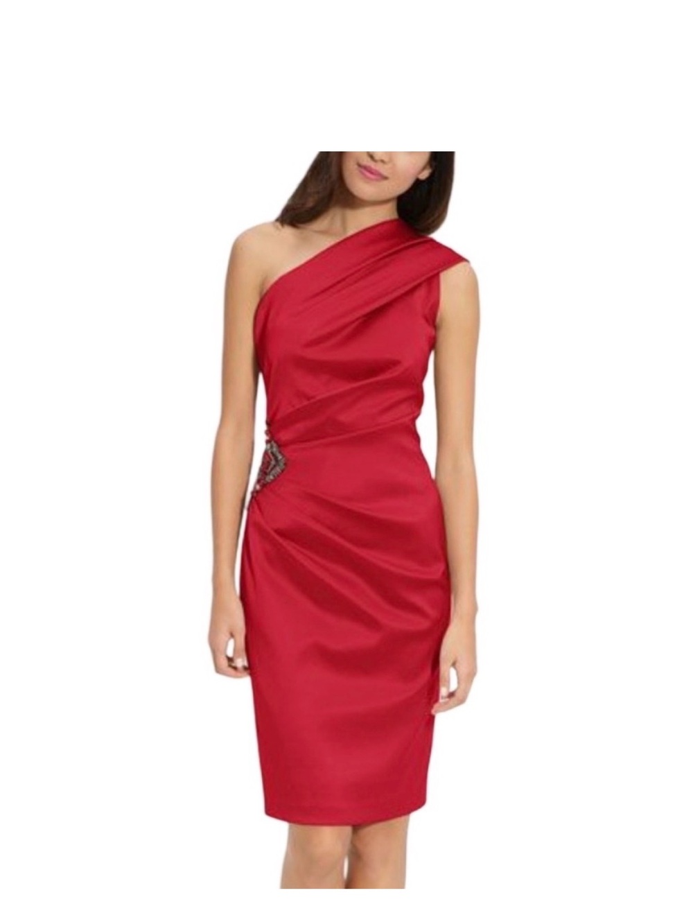Eliza J One-Shoulder Red Cocktail Dress with Side Jewel Accent